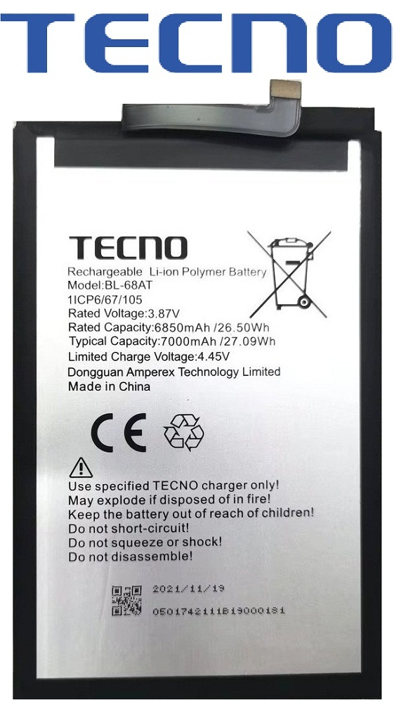Batterie de remplacement 7000mAh pour Tecno Pova Neo2/LG6n - Noir/Silver